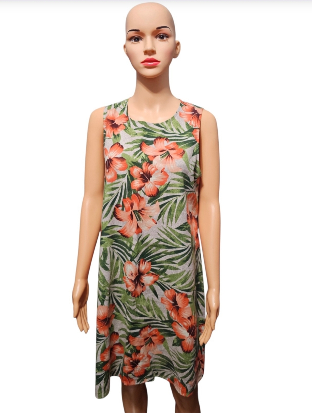 AK Anne Klein Linen Blend Sleeveless Tropical Floral Resortwear Shift Dress Sz M